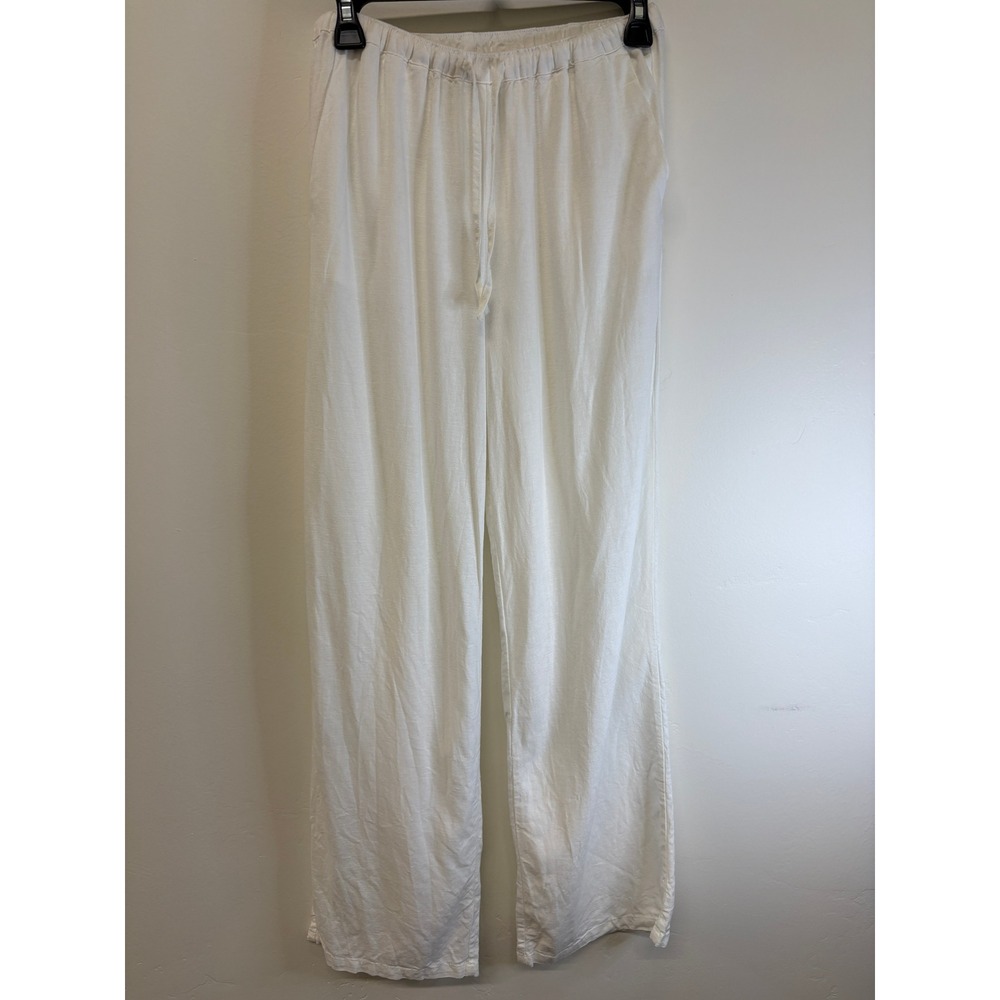 Pull&Bear White Linen Blend Wide Leg Drawstring Pants Medium